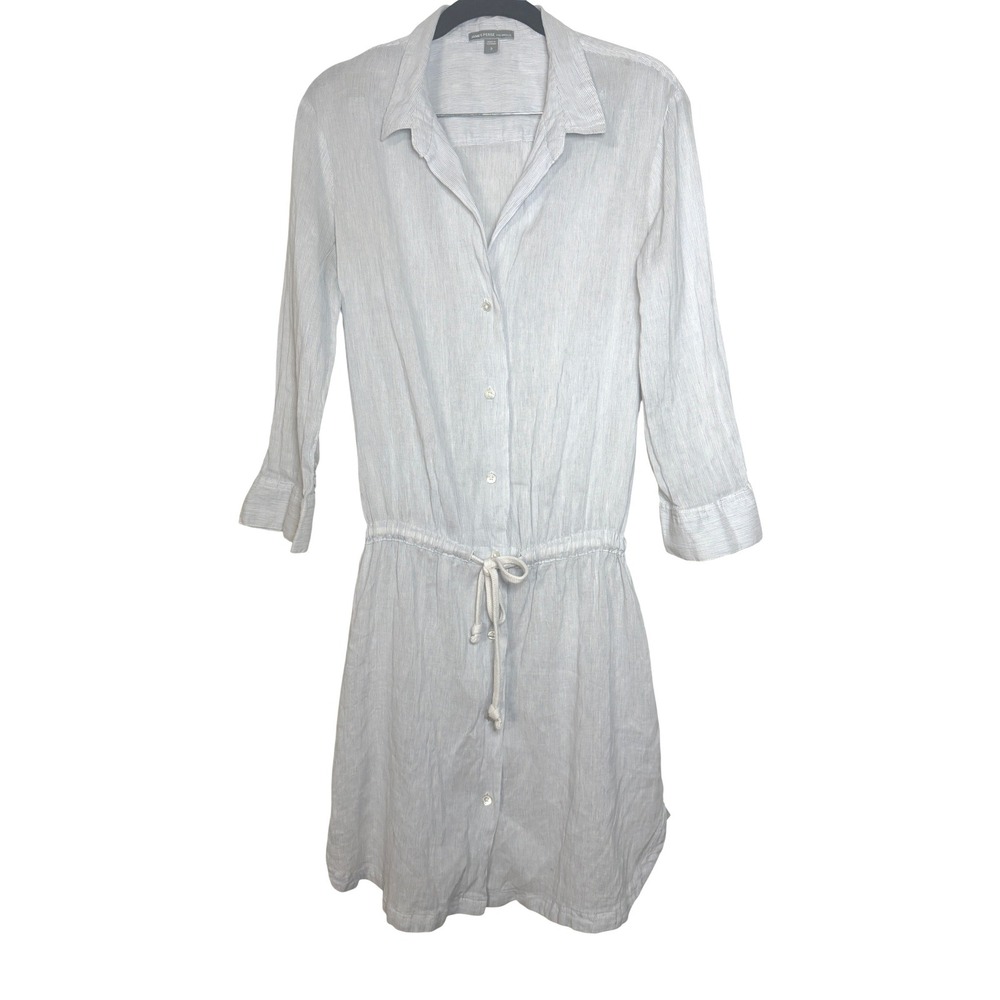 James Perse Linen Blend Shirt Dress L Coastal Button Down Drawstring Waist Sz 3 - Picture 1 of 10